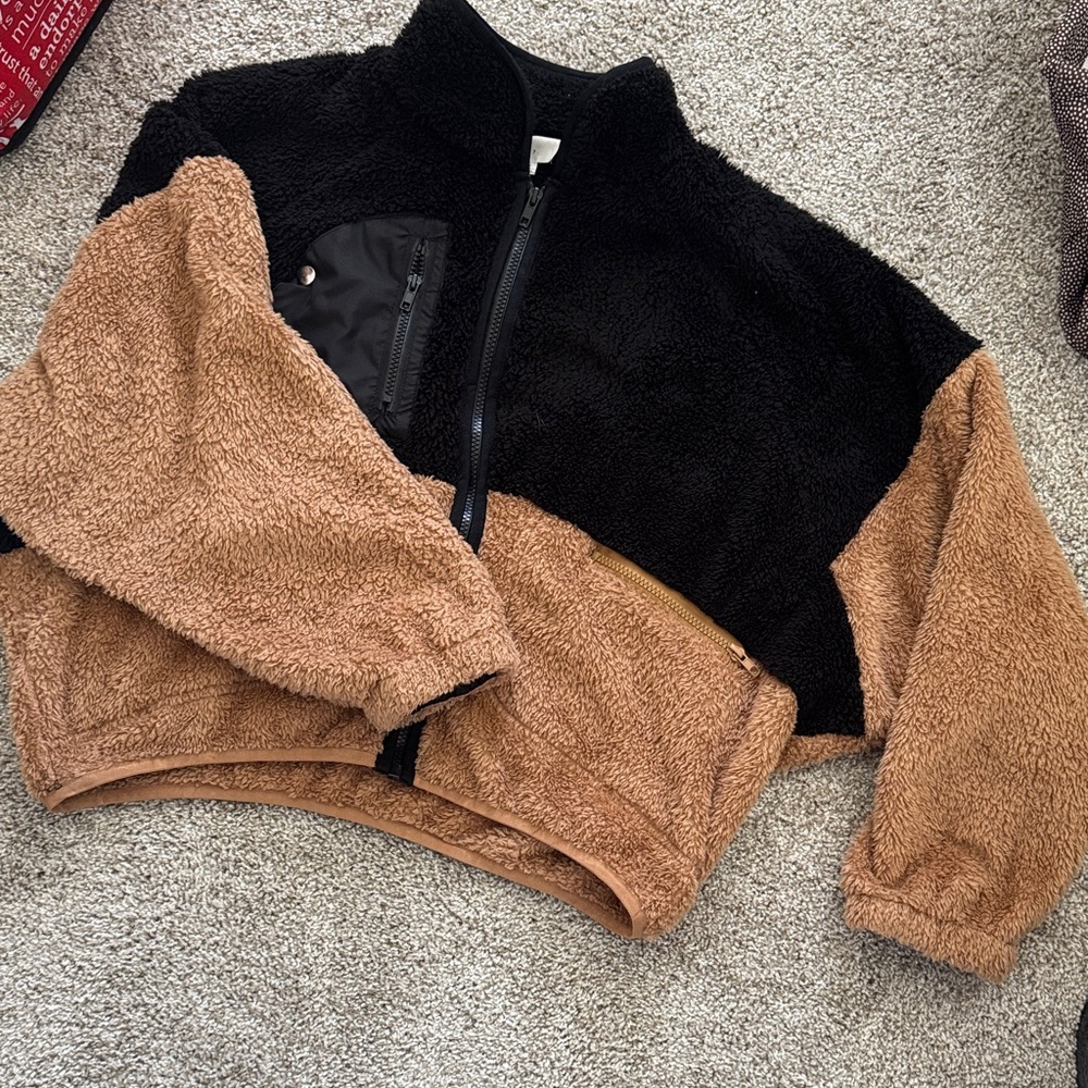 Vici Black and Brown Sherpa Zip-Up Jacket sz small